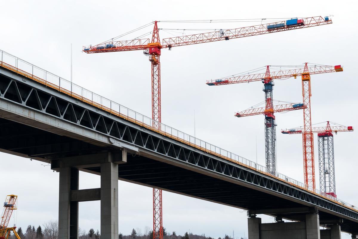 Brobygge med byggkranar mot en grå himmel