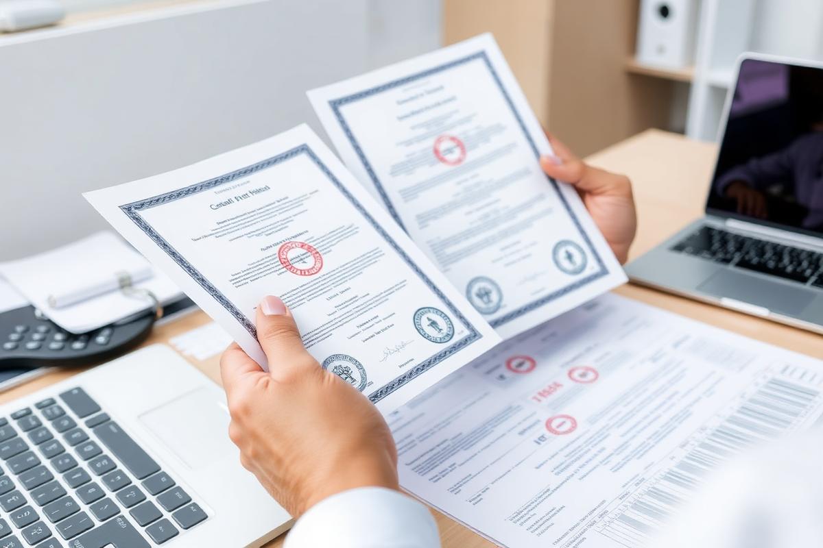 Händer som granskar stämplade certifikat och handlingar vid ett skrivbord